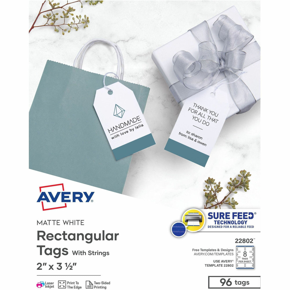 Avery® Printable Tags with String, 2" x 3.5" , 96 White Tags (22802) - 3.50" Length x 2" Width - Rectangular - String Fastener - Card Stock - White - 96 / Pack
