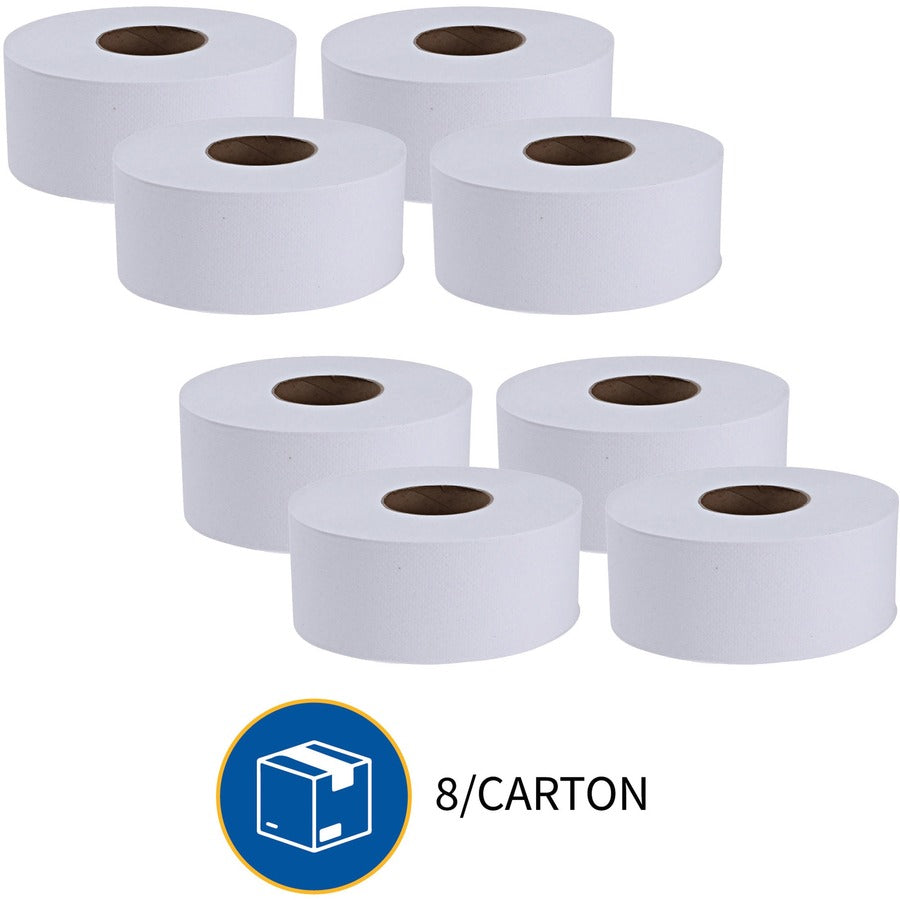 Genuine Joe Jumbo Dispenser Roll Bath Tissue - 2 Ply - 3.50" Width x 1000 ft Length - 9" Roll Diameter - 3 19/64" Core - White - 8 / Carton