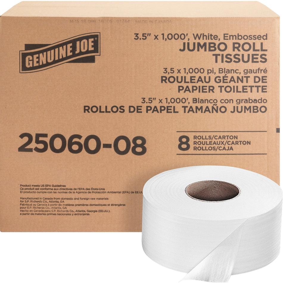 Genuine Joe Jumbo Dispenser Roll Bath Tissue - 2 Ply - 3.50" Width x 1000 ft Length - 9" Roll Diameter - 3 19/64" Core - White - 8 / Carton