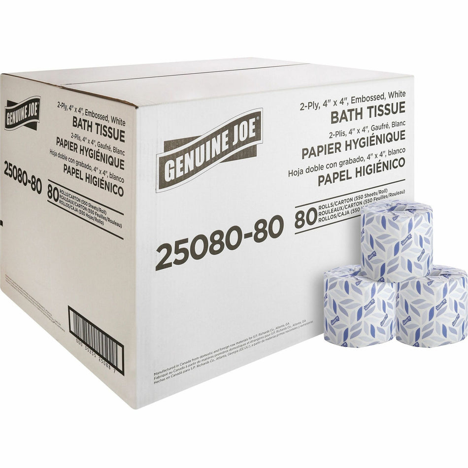 Genuine Joe Embossed Roll Bath Tissue - 2 Ply - 4" Width x 4" Length - 550 Sheets/Roll - 1.63" Core - White - 80 / Carton
