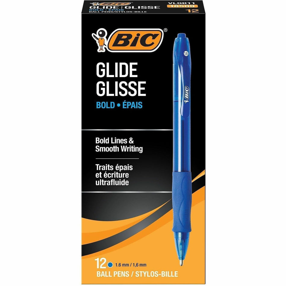BIC Glide Bold - 1.6 mm Bold Conical Pen Point - Refillable - Retractable - Blue Ink - Blue Barrel - 1 Dozen