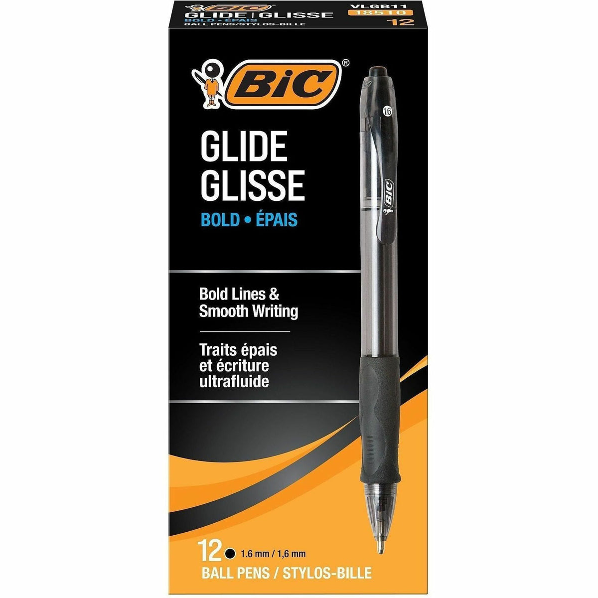 BIC Glide Bold Ball Pen - 1.6 mm Bold Conical Pen Point - Refillable - Retractable - Black Ink - Black Barrel - 1 Each