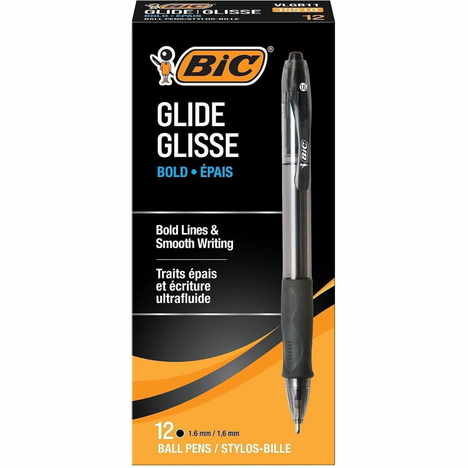 BIC Glide Bold Ball Pen - 1.6 mm Bold Conical Pen Point - Refillable - Retractable - Black Ink - Black Barrel - 1 Each