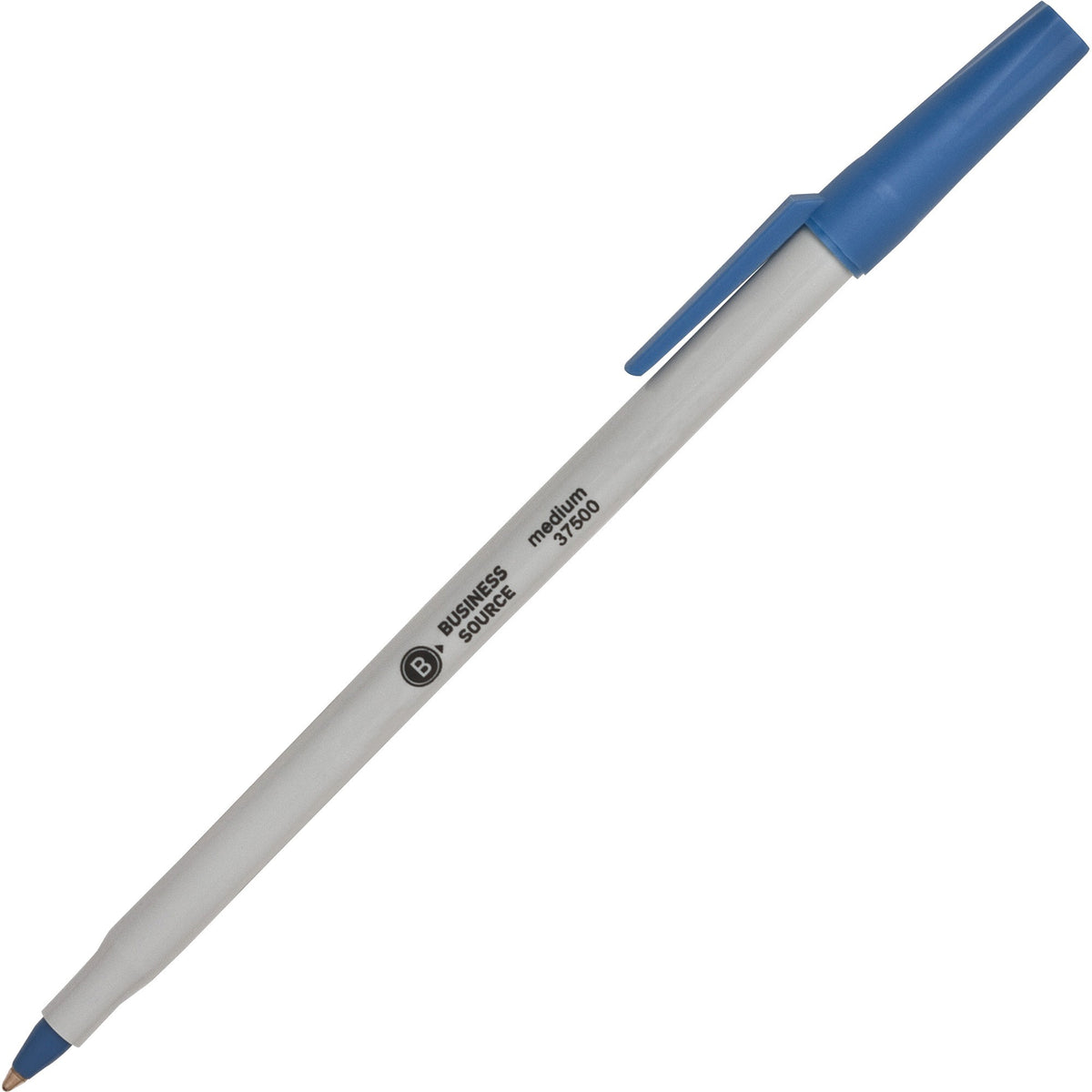 Business Source Medium Point Ballpoint Stick Pens - Medium Pen Point - Blue Ink - Light Gray Barrel - Stainless Steel Tip - 1 Dozen