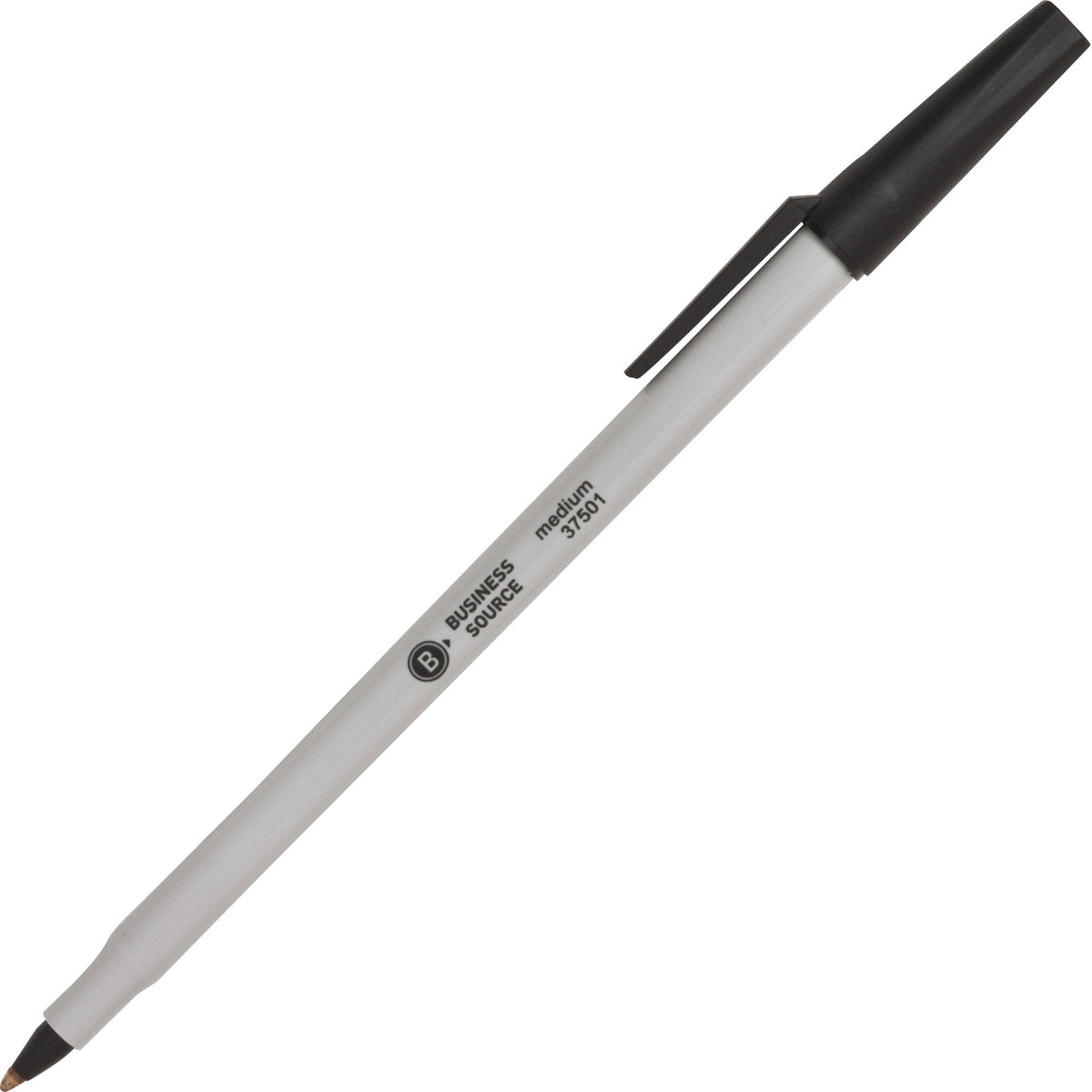 Business Source Medium Point Ballpoint Stick Pens - Medium Pen Point - Black Ink - Light Gray Barrel - Stainless Steel Tip - 1 Dozen