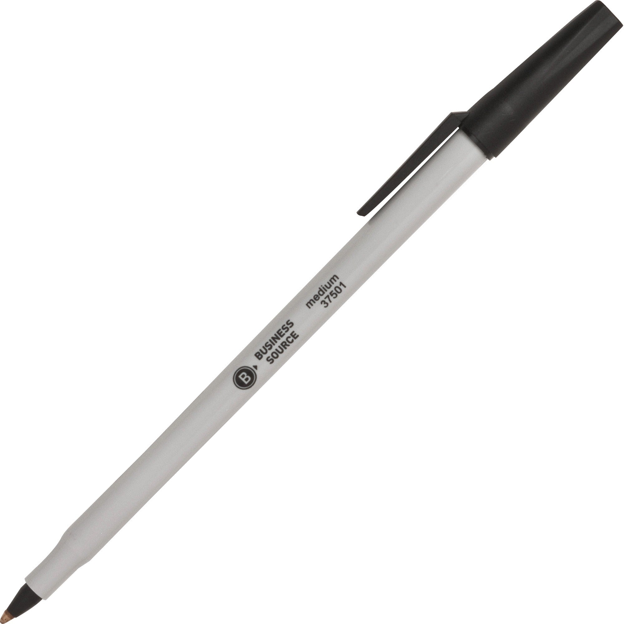 Business Source Medium Point Ballpoint Stick Pens - Medium Pen Point - Black Ink - Light Gray Barrel - Stainless Steel Tip - 1 Dozen