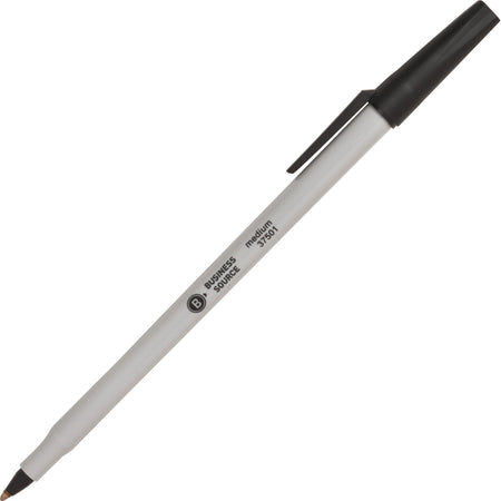 Business Source Medium Point Ballpoint Stick Pens - Medium Pen Point - Black Ink - Light Gray Barrel - Stainless Steel Tip - 1 Dozen