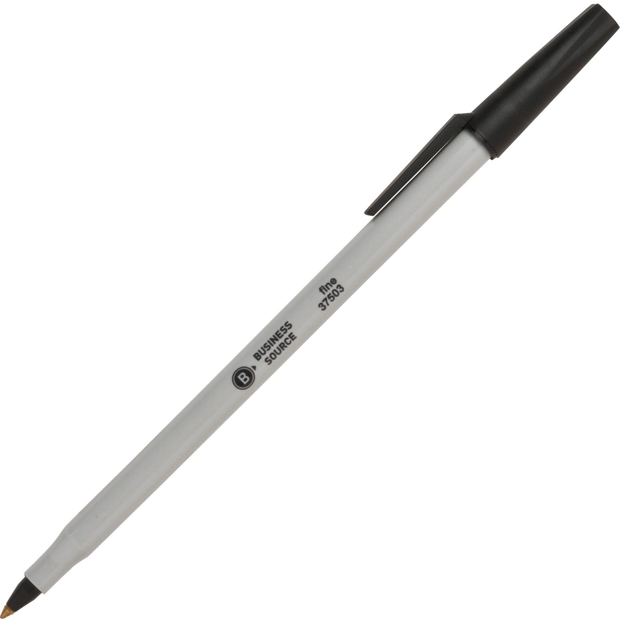 Business Source Fine Point Ballpoint Stick Pens - Fine Pen Point - Black Ink - Light Gray Barrel - Stainless Steel Tip - 1 Dozen
