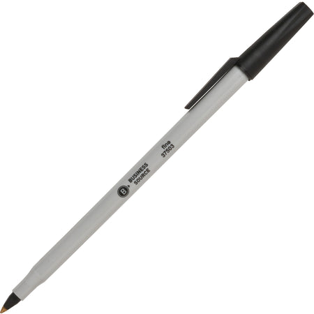 Business Source Fine Point Ballpoint Stick Pens - Fine Pen Point - Black Ink - Light Gray Barrel - Stainless Steel Tip - 1 Dozen