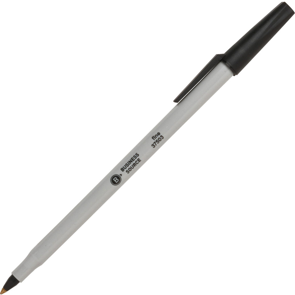 Business Source Fine Point Ballpoint Stick Pens - Fine Pen Point - Black Ink - Light Gray Barrel - Stainless Steel Tip - 1 Dozen