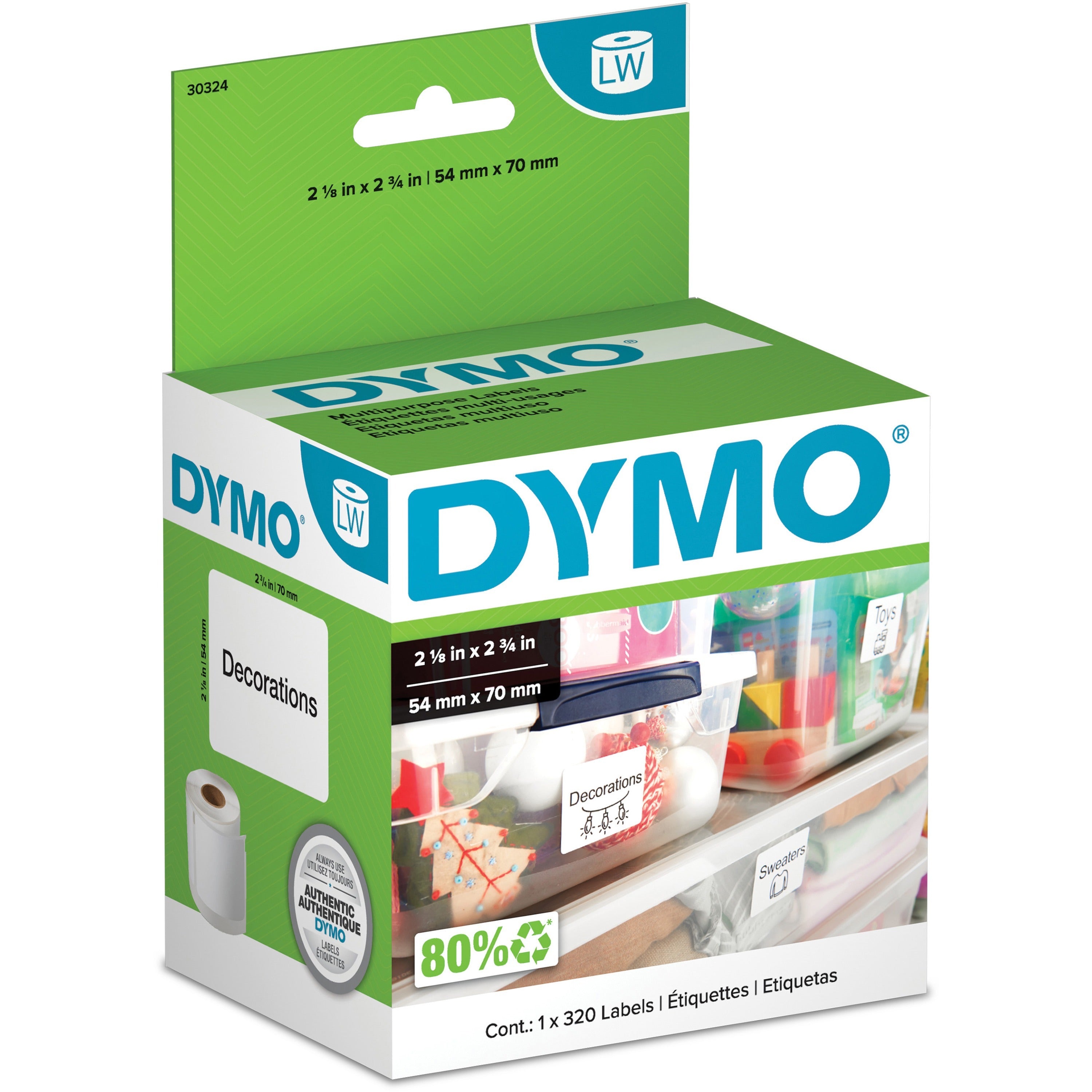 Dymo LabelWriter Multipurpose Label - 2 1/8" Width x 2 3/4" Length - Rectangle - Direct Thermal - White - 320 / Roll - 320 / Roll