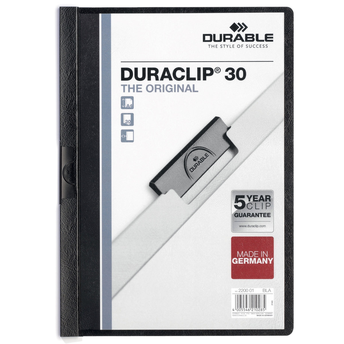 DURABLE DURACLIP Letter Report Cover - 8 1/2" x 11" - 30 Sheets Capacity - Vinyl, Steel - Black - 1 Each
