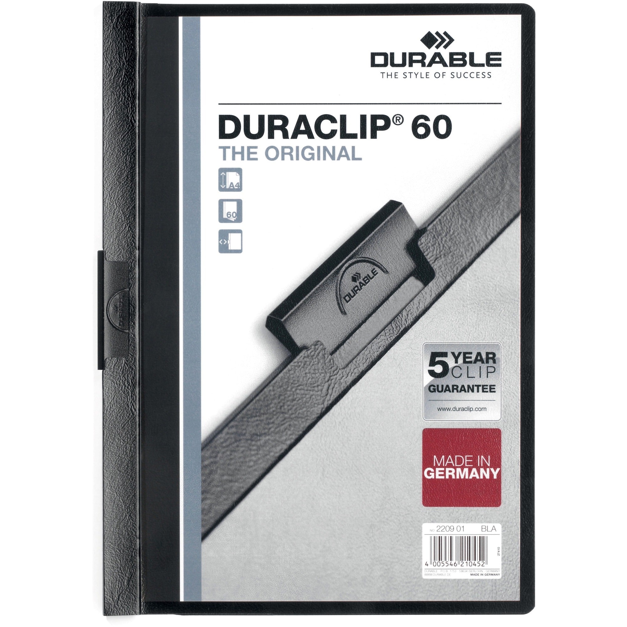 DURABLE DURACLIP Letter Report Cover - 8 1/2" x 11" - 60 Sheets Capacity - Vinyl, Steel - Black - 1 Each