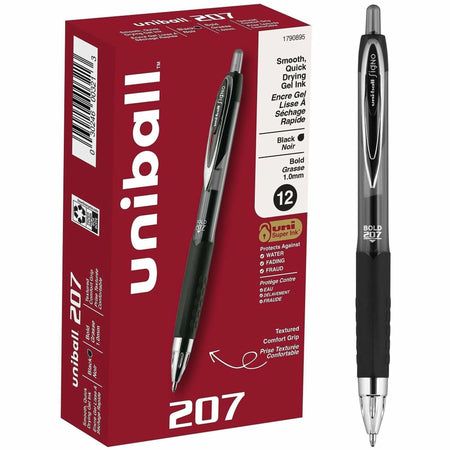 uniball&#8482; 207 Gel Pen - 1 mm Bold Pen Point - Refillable - Retractable - Black Ink - Gel-based - Clear Barrel - 1 Dozen