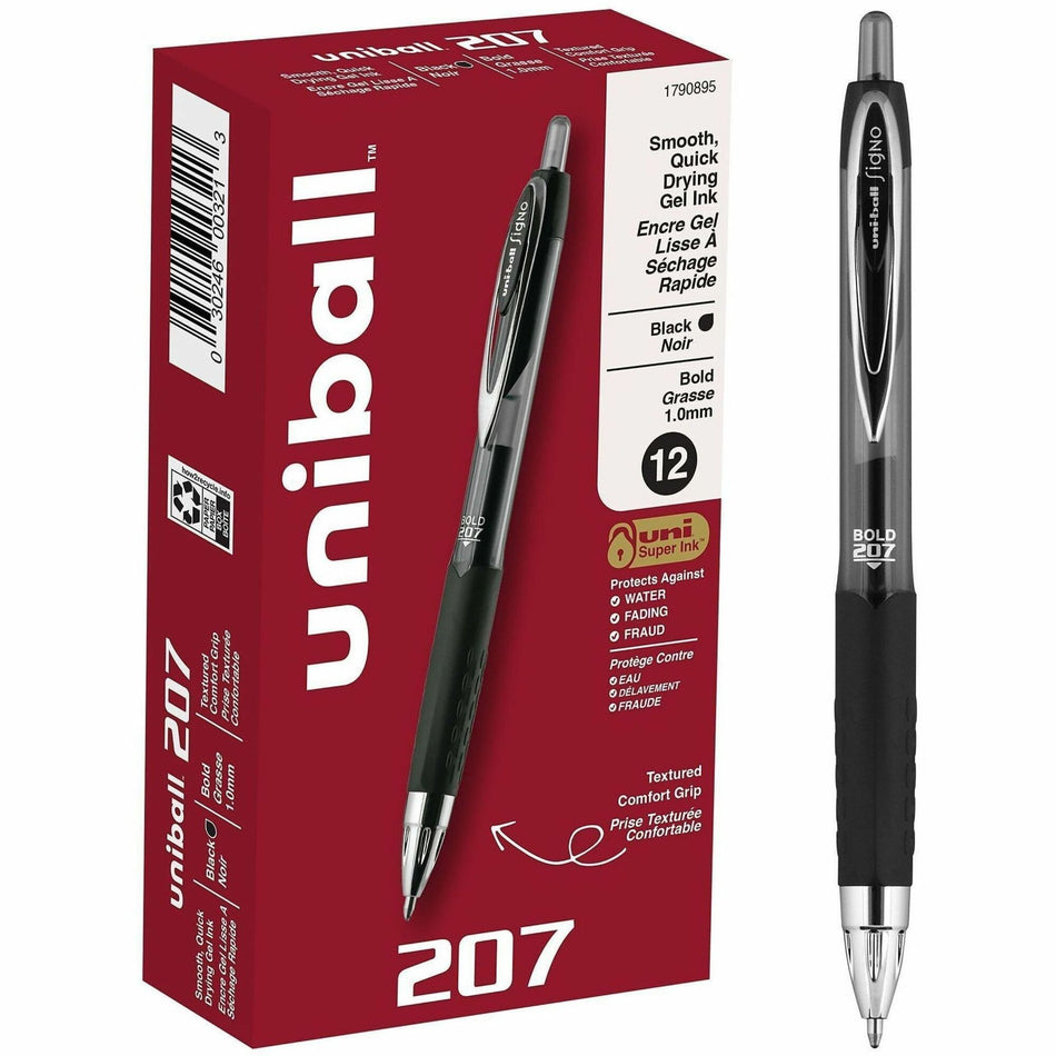 uniball&#8482; 207 Gel Pen - 1 mm Bold Pen Point - Refillable - Retractable - Black Ink - Gel-based - Clear Barrel - 1 Dozen
