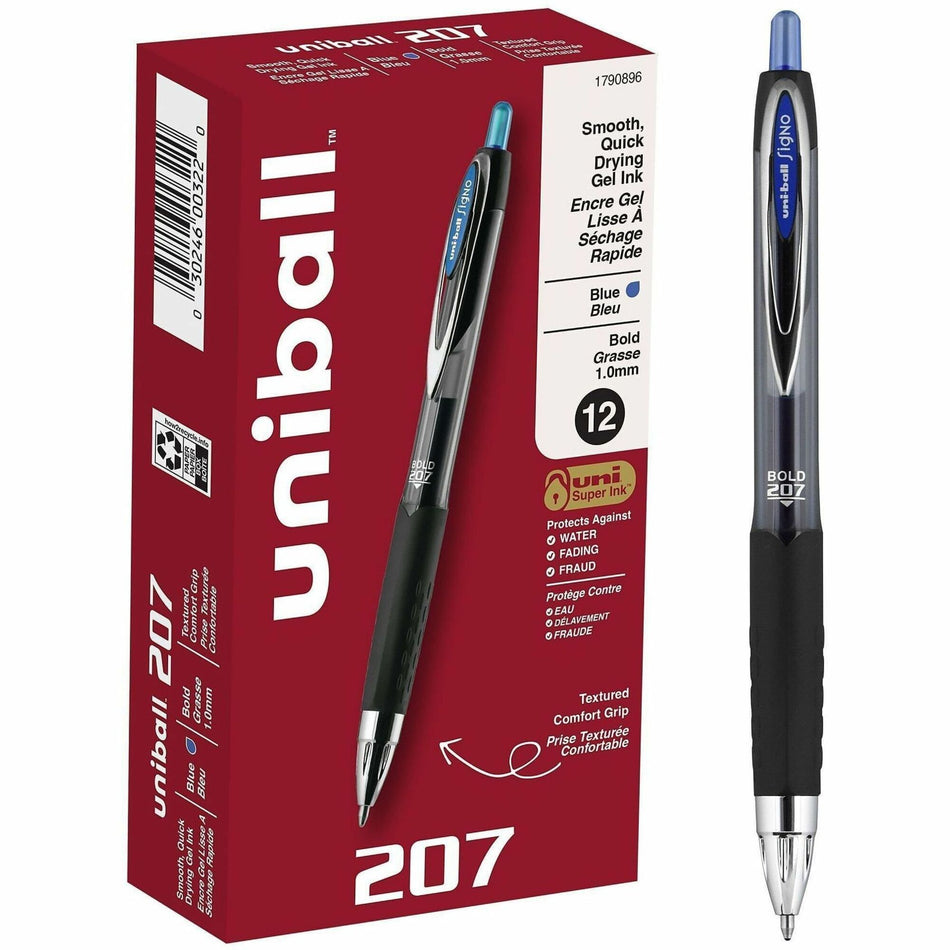 uniball&#8482; 207 Gel Pen - 1 mm Bold Pen Point - Refillable - Retractable - Blue Ink - Gel-based - Clear Barrel - 1 Dozen