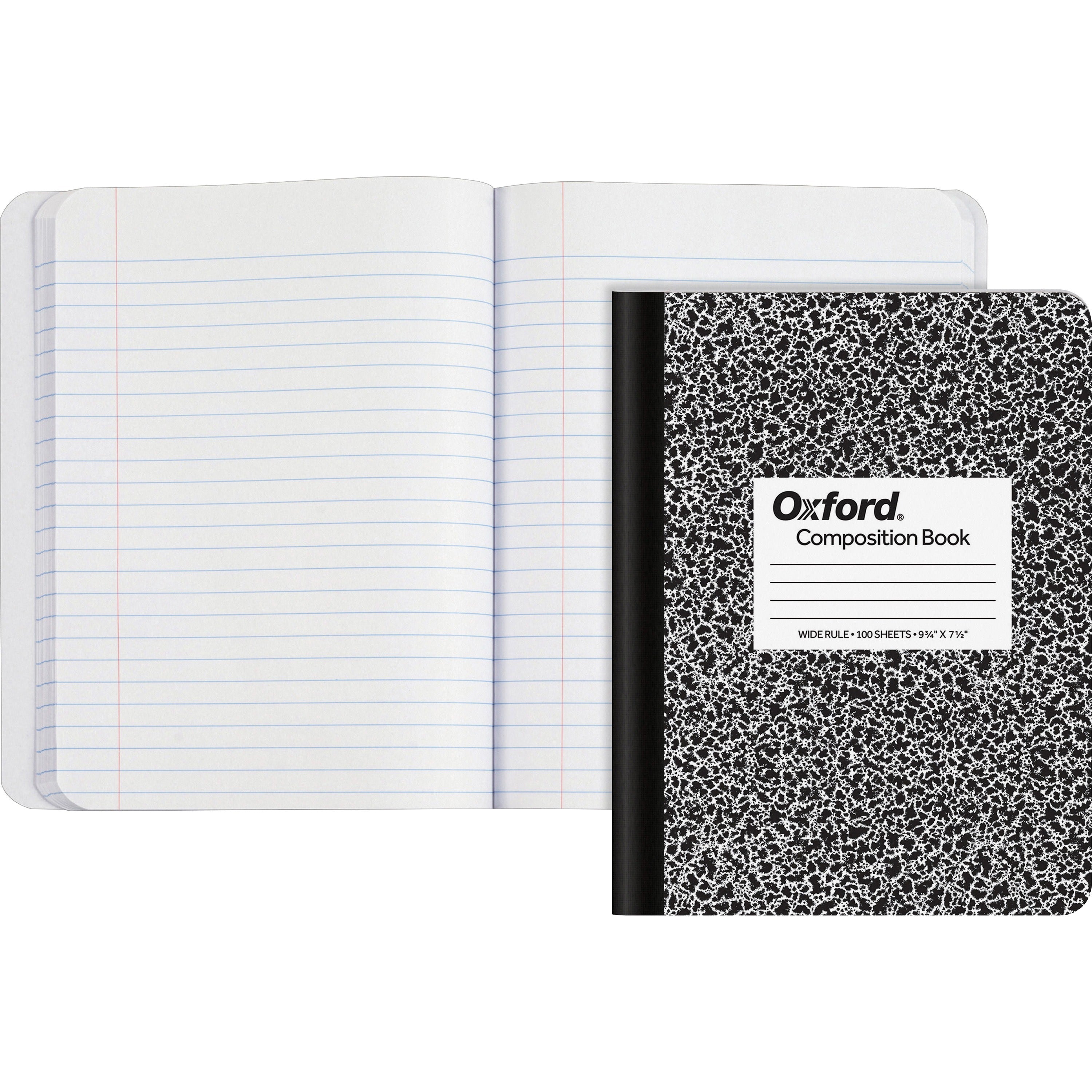 TOPS Wide-Ruled Composition Book - 100 Sheets - Sewn - Wide Ruled Front Ruling - Ruled Red Margin - 9 3/4" x 7 1/2" Sheet Size - 0.25" Height x 7.5" Width x 9.8" Length - White Paper - Black Marble, White Cover - Hard Cover - 1 Each