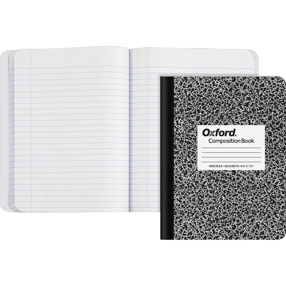 TOPS Wide-Ruled Composition Book - 100 Sheets - Sewn - Wide Ruled Front Ruling - Ruled Red Margin - 9 3/4" x 7 1/2" Sheet Size - 0.25" Height x 7.5" Width x 9.8" Length - White Paper - Black Marble, White Cover - Hard Cover - 1 Each