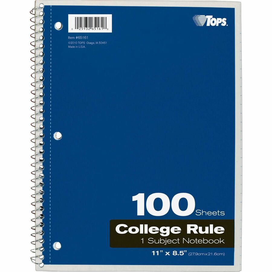 TOPS 1 - subject College - ruled Notebook - Letter - 100 Sheets - Wire Bound - Letter - 8 1/2" x 11" Sheet Size - 0.38" Height x 8.5" Width x 11" Length - Assorted Paper - Red Card Stock, Black, Blue, Green Cover - Perforated - 1 Each
