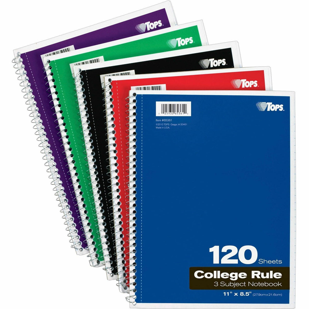 TOPS 3 - subject College Ruled Notebook - Letter - 120 Sheets - Wire Bound - Letter - 8 1/2" x 11" Sheet Size - 0.25" Height x 8.5" Width x 11" Length - Assorted Paper - Black, Red, Blue, Green, Purple Cover - Divider, Perforated - 1 Each