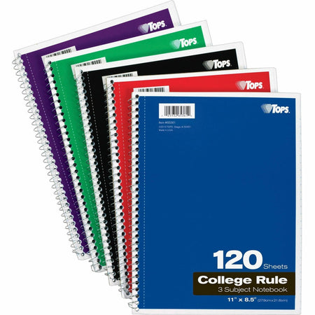 TOPS 3 - subject College Ruled Notebook - Letter - 120 Sheets - Wire Bound - Letter - 8 1/2" x 11" Sheet Size - 0.25" Height x 8.5" Width x 11" Length - Assorted Paper - Black, Red, Blue, Green, Purple Cover - Divider, Perforated - 1 Each