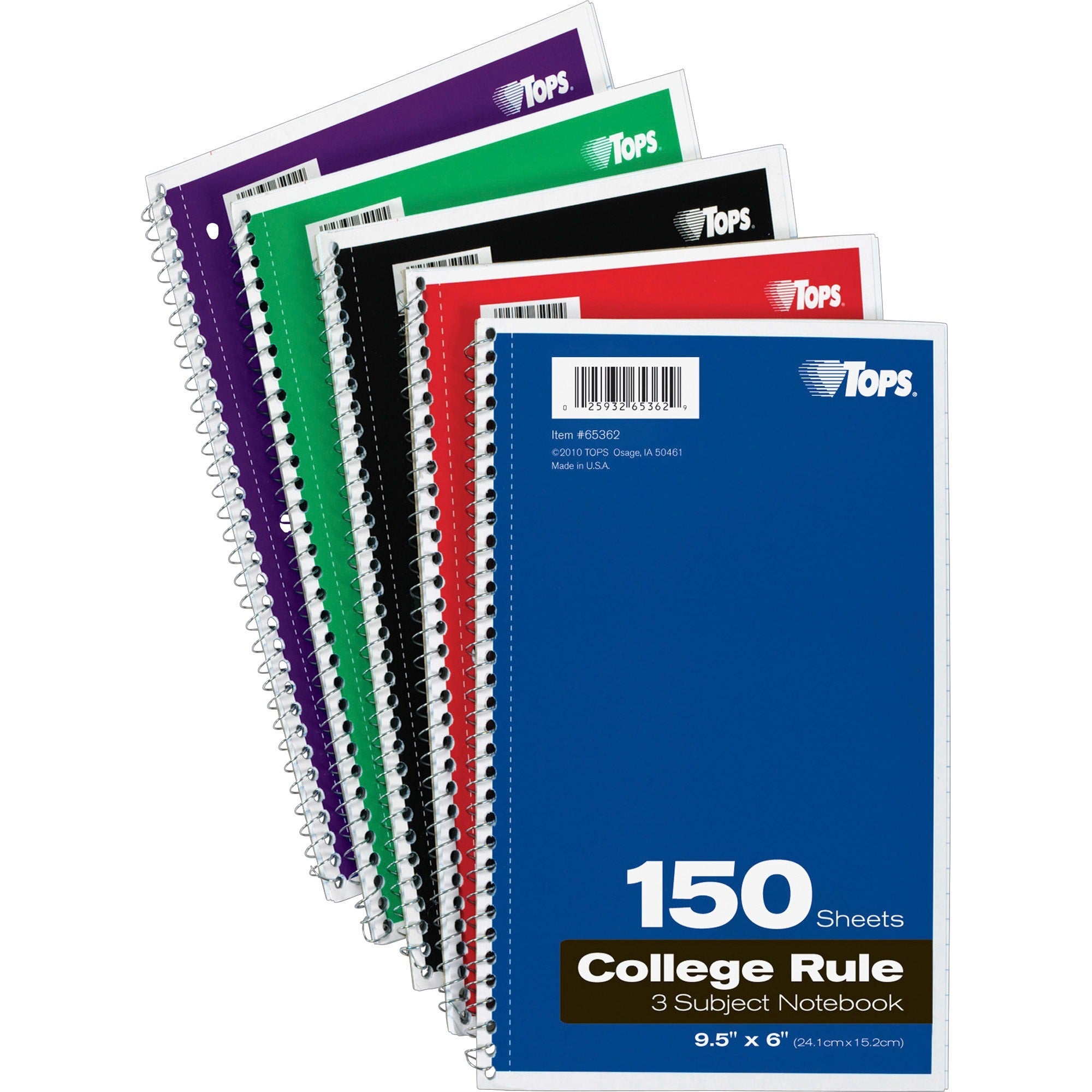 TOPS 3-subject College Ruled Notebook - 150 Sheets - Wire Bound - 9 1/2" x 6" Sheet Size - 13" Height x 7.5" Width x 9.8" Length - Bright White Paper - Black, Red, Blue, Green, Purple Cover - Divider, Perforated - 1 Each