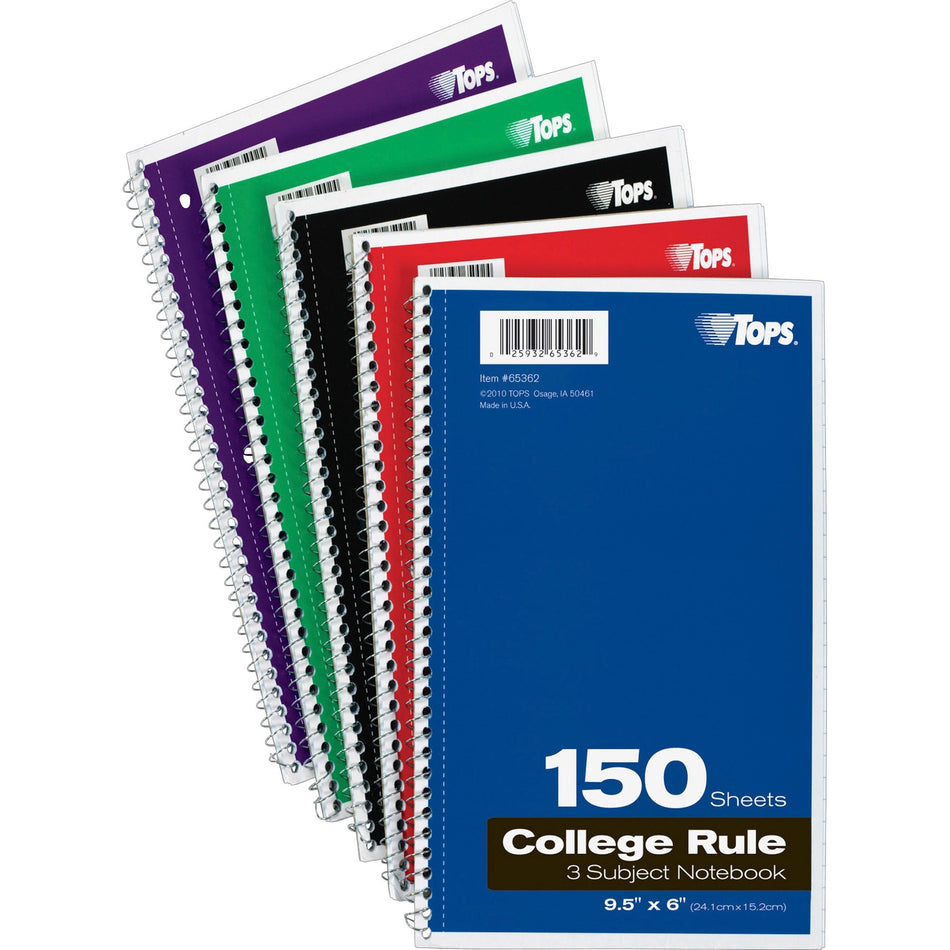 TOPS 3-subject College Ruled Notebook - 150 Sheets - Wire Bound - 9 1/2" x 6" Sheet Size - 13" Height x 7.5" Width x 9.8" Length - Bright White Paper - Black, Red, Blue, Green, Purple Cover - Divider, Perforated - 1 Each