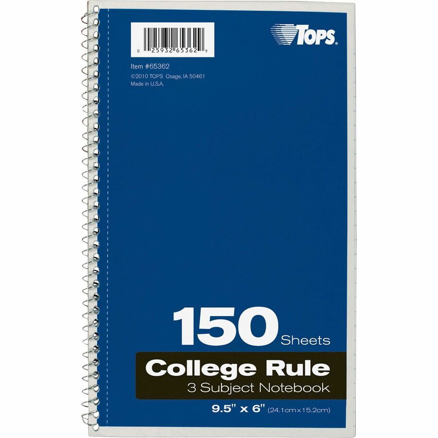 TOPS 3-subject College Ruled Notebook - 150 Sheets - Wire Bound - 9 1/2" x 6" Sheet Size - 13" Height x 7.5" Width x 9.8" Length - Bright White Paper - Black, Red, Blue, Green, Purple Cover - Divider, Perforated - 1 Each