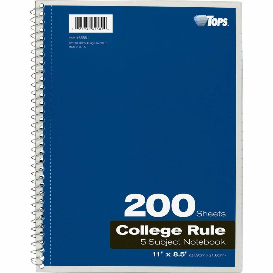 TOPS 5 - subject College - ruled Notebooks - Letter - 200 Sheets - Wire Bound - Letter - 8 1/2" x 11" Sheet Size - 0.25" Height x 8.5" Width x 11" Length - Assorted Paper - Black, Red, Blue, Green, Purple Cover - Divider, Perforated - 1 Each