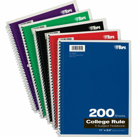 TOPS 5 - subject College - ruled Notebooks - Letter - 200 Sheets - Wire Bound - Letter - 8 1/2" x 11" Sheet Size - 0.25" Height x 8.5" Width x 11" Length - Assorted Paper - Black, Red, Blue, Green, Purple Cover - Divider, Perforated - 1 Each