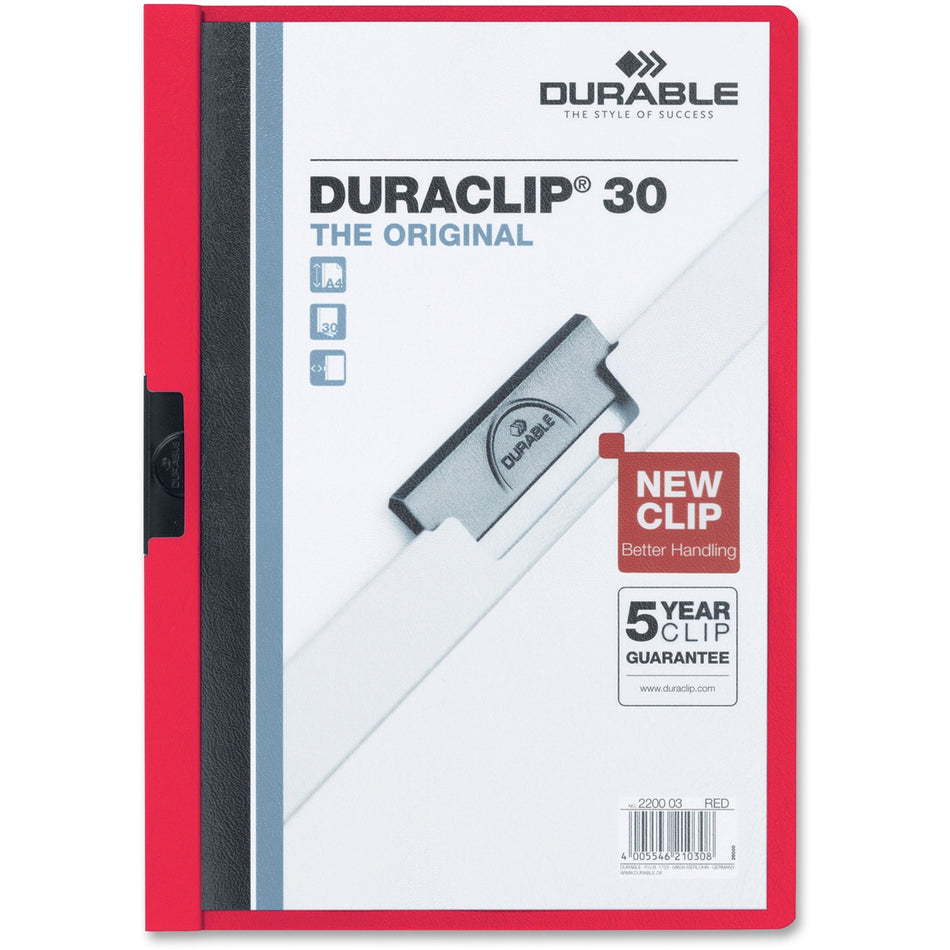 DURABLE DURACLIP Letter Report Cover - 8 1/2" x 11" - 30 Sheets Capacity - 1 Fastener(s) - Vinyl - Red - 1 Each