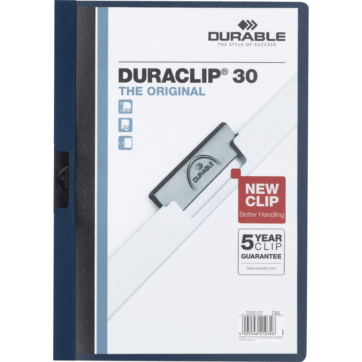 DURABLE DURACLIP Letter Report Cover - 8 1/2" x 11" - 30 Sheets Capacity - 1 Fastener(s) - Vinyl - Navy - 1 Each