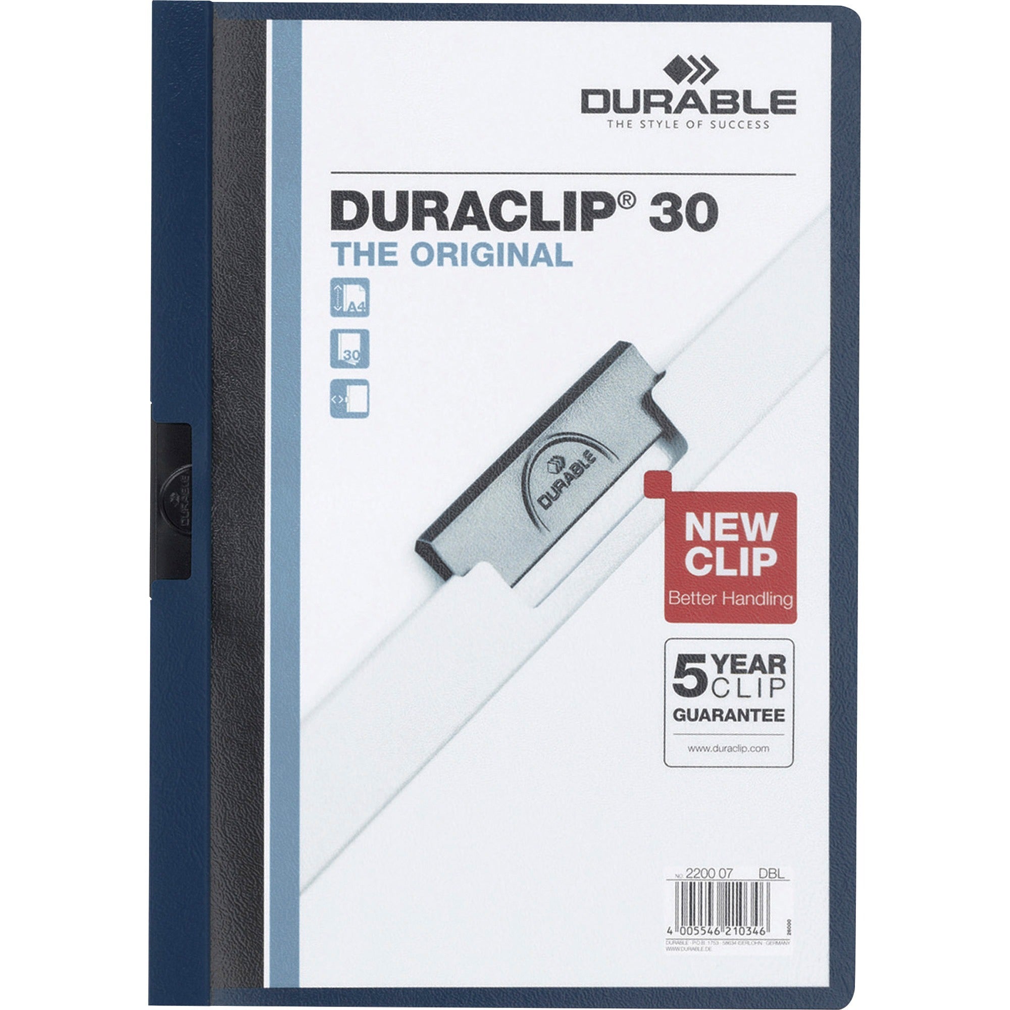 DURABLE DURACLIP Letter Report Cover - 8 1/2" x 11" - 30 Sheets Capacity - 1 Fastener(s) - Vinyl - Navy - 1 Each