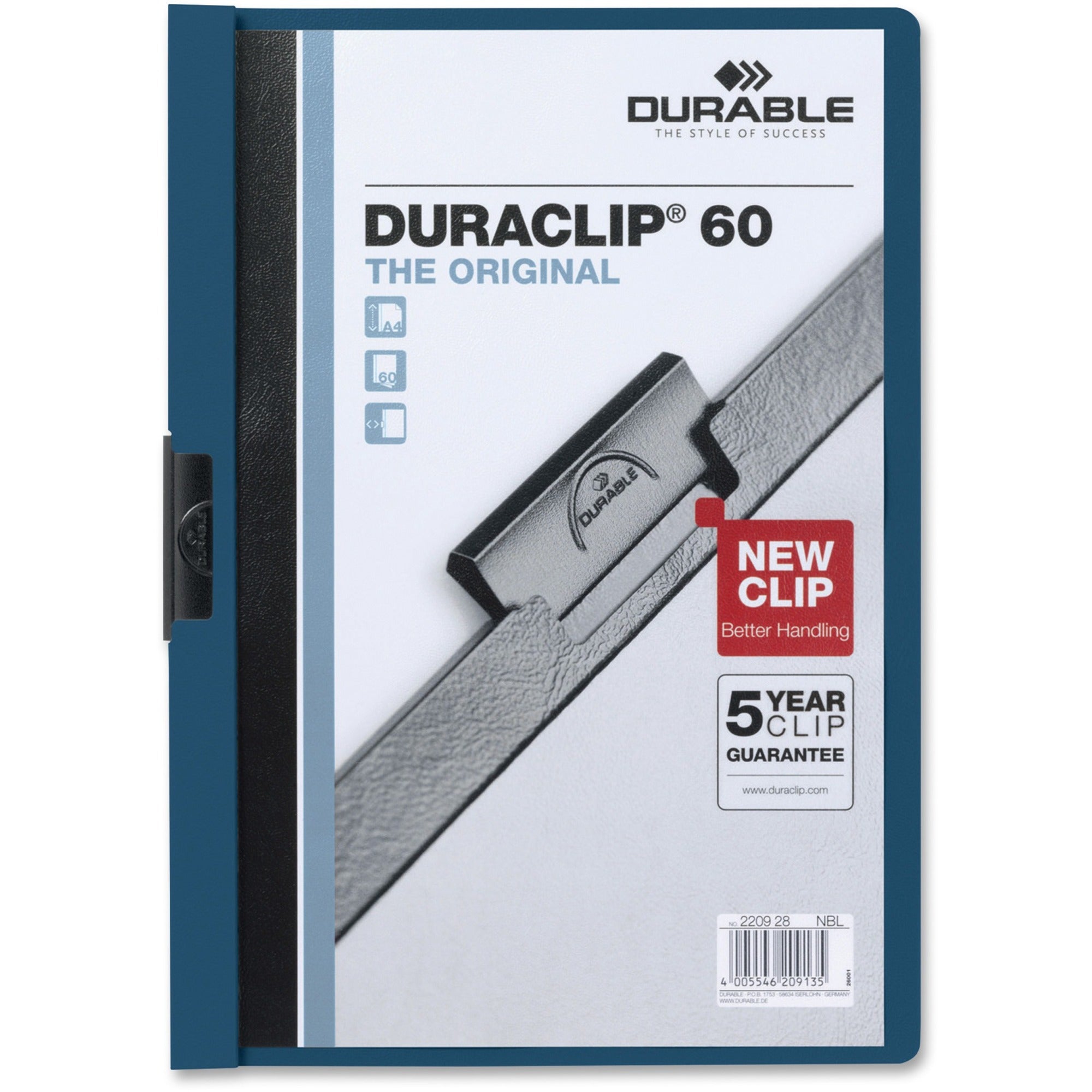 DURABLE DURACLIP Letter Report Cover - 8 1/2" x 11" - 60 Sheets Capacity - 1 Fastener(s) - Vinyl - Dark Blue - 1 Each