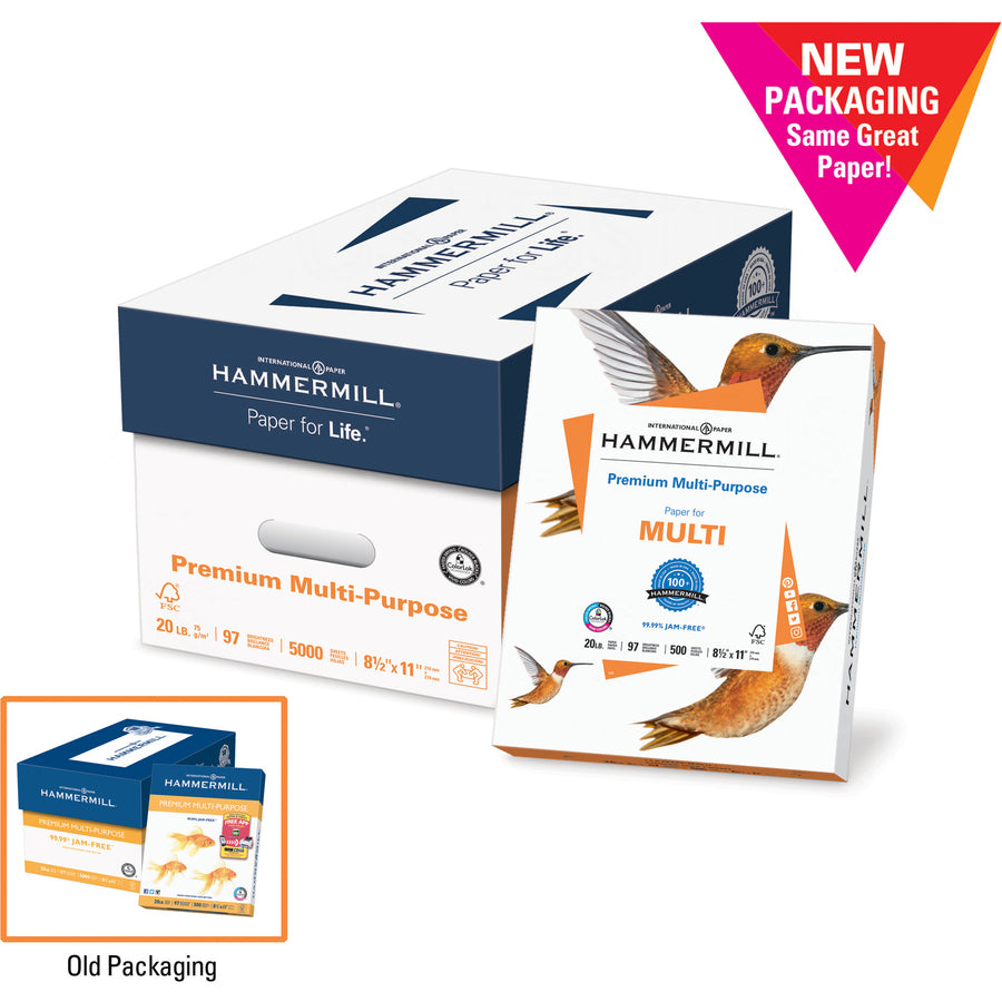 Hammermill Premium Multipurpose Paper- 5 Ream - White - 97 Brightness - Letter - 8 1/2" x 11" - 24 lb Basis Weight - Jam-free, Smear Resistant, Acid-free, Archival-safe, Quick Drying - White - 500 Sheets per Ream - 5 / Carton