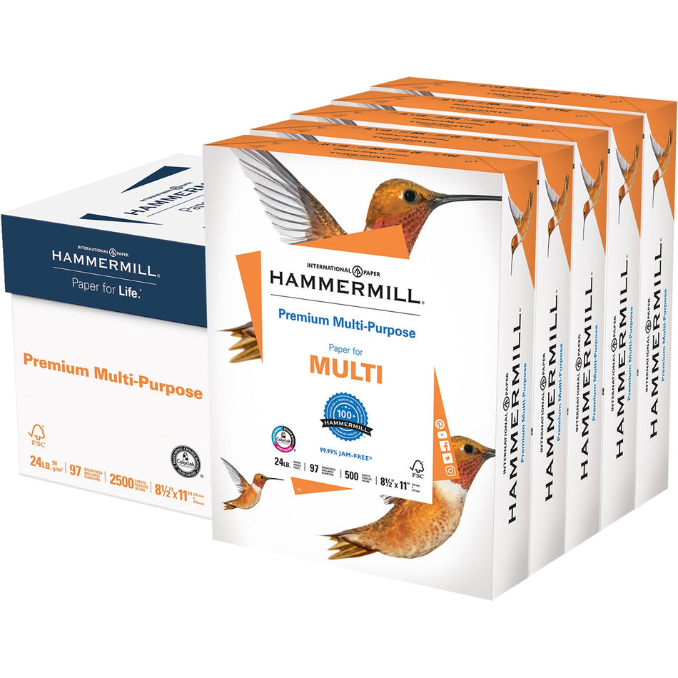 Hammermill Premium Multipurpose Paper- 5 Ream - White - 97 Brightness - Letter - 8 1/2" x 11" - 24 lb Basis Weight - Jam-free, Smear Resistant, Acid-free, Archival-safe, Quick Drying - White - 500 Sheets per Ream - 5 / Carton