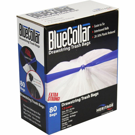 BlueCollar 13-gallon Drawstring Trash Bags - 13 gal Capacity - 28" Length x 24" Width x 0.80 mil (20 Micron) Thickness - Drawstring Closure - White - Garbage - 80 / Box