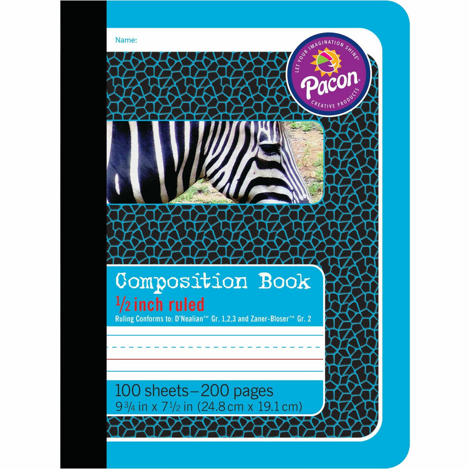 Pacon 1/2" Ruled Composition Book - 100 Sheets - 0.50" Ruled - 7 1/2" x 9 3/4" Sheet Size - Blue Cover - 1 Each