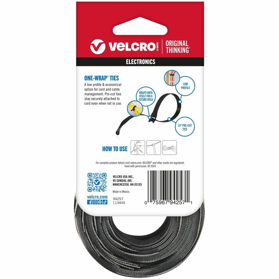 VELCRO®  ONE-WRAP Thin Ties 15in x 1/2in Ties Gray & Black 30 ct - Cable Tie - Black, Gray - 25 lb Loop Tensile - 15" Length - 30 / Pack