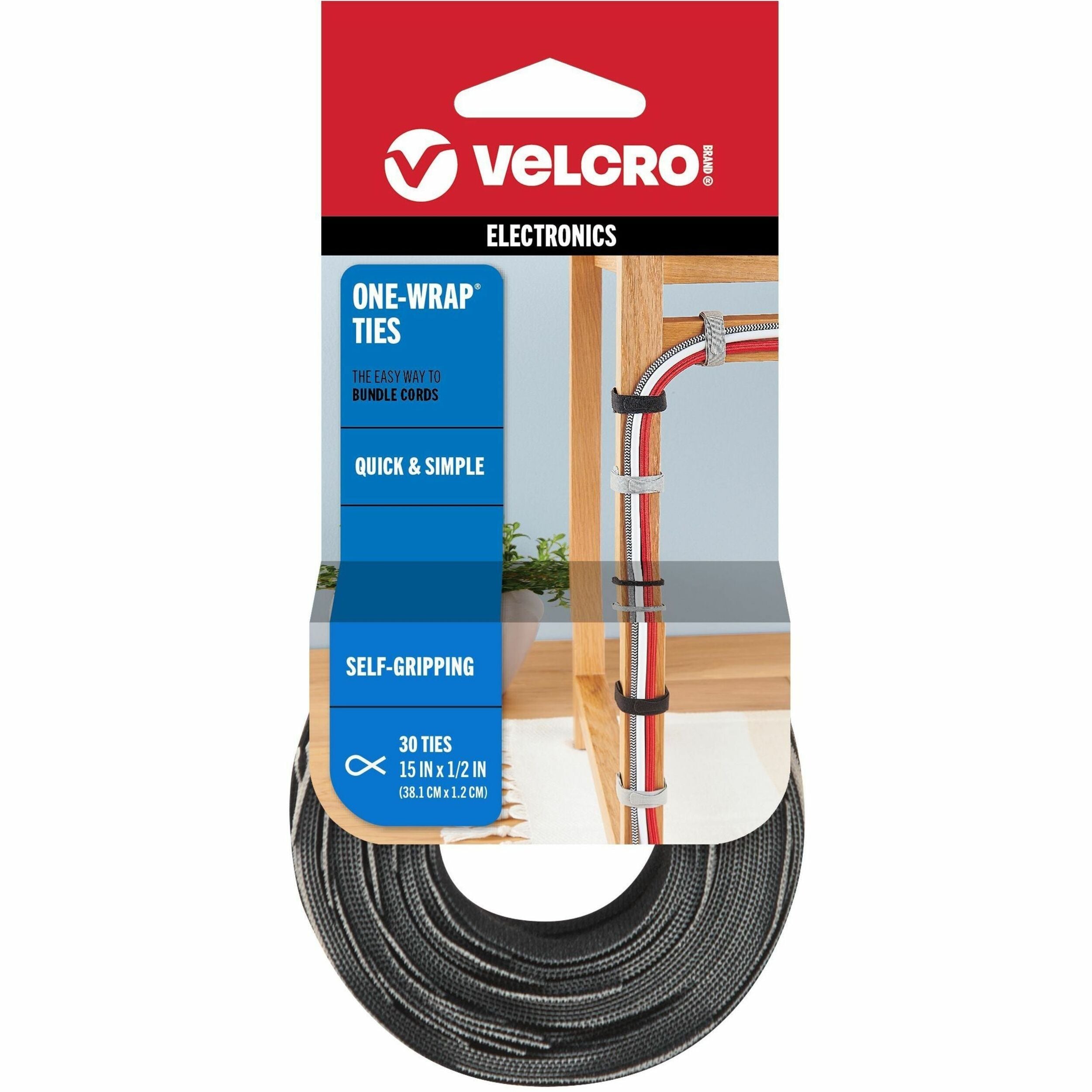 VELCRO®  ONE-WRAP Thin Ties 15in x 1/2in Ties Gray & Black 30 ct - Cable Tie - Black, Gray - 25 lb Loop Tensile - 15" Length - 30 / Pack