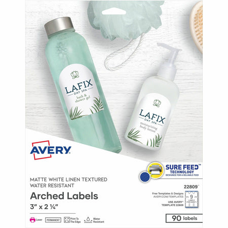 Avery®  Arched Labels - Sure Feed - Print-to-the-Edge - 3" Width x 2 1/4" Length - Permanent Adhesive - Arched Rectangle - Laser - Matte White - Paper - Water Resistant - 9 / Sheet - 10 Total Sheets - 90 Total Label(s) - 90 / Pack