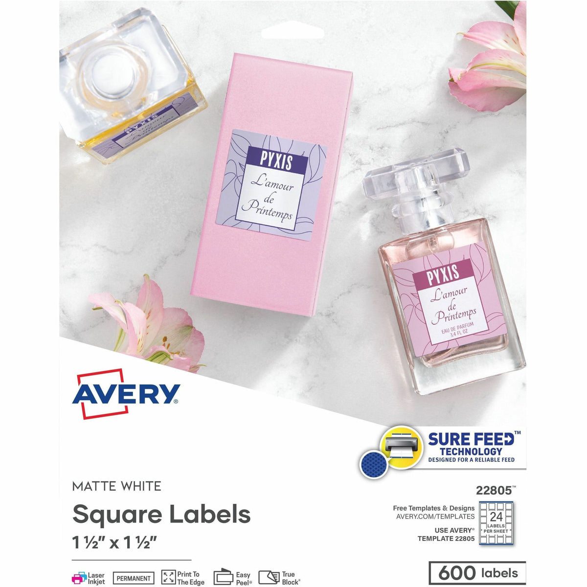 Avery®  Matte White Square Labels1�" x 1�" - Waterproof - 1 1/2" Width x 1 1/2" Length - Permanent Adhesive - Square - Inkjet, Laser - Matte White - Matte - Paper - 24 / Sheet - 24 Total Sheets - 600 Total Label(s) - 25 / Pack