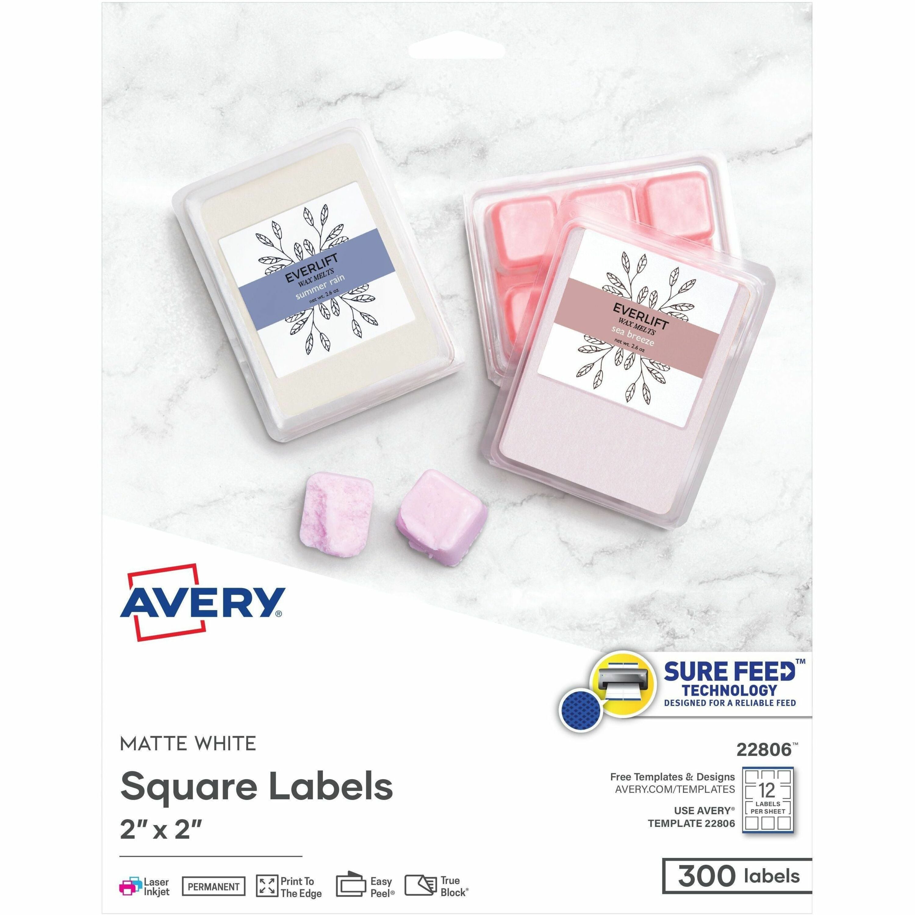 Avery®  Matte White Square Labels2" x 2" - Waterproof - 2" Width x 2" Length - Permanent Adhesive - Square - Inkjet, Laser - Matte White - Matte - Paper - 12 / Sheet - 12 Total Sheets - 300 Total Label(s) - 25 / Pack