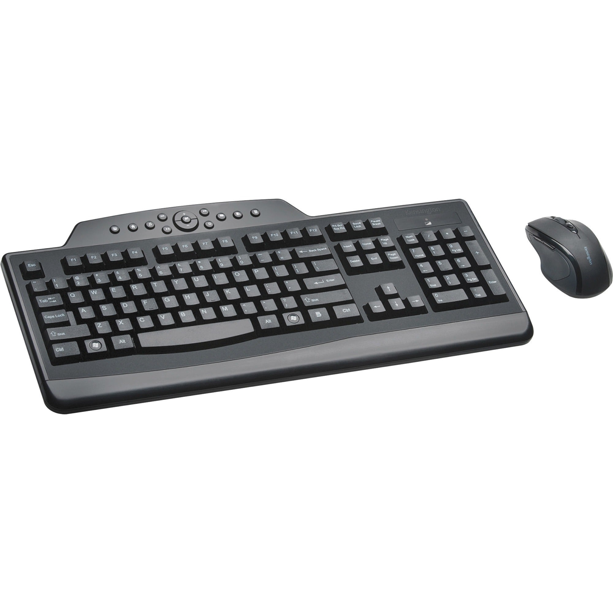 Kensington Pro Fit Media Wireless Desktop Set - USB Wireless RF 2.40 GHz Keyboard - English, French - Black - USB Wireless RF Mouse - Optical - Scroll Wheel - Black - Right-handed for PC - 1 Each