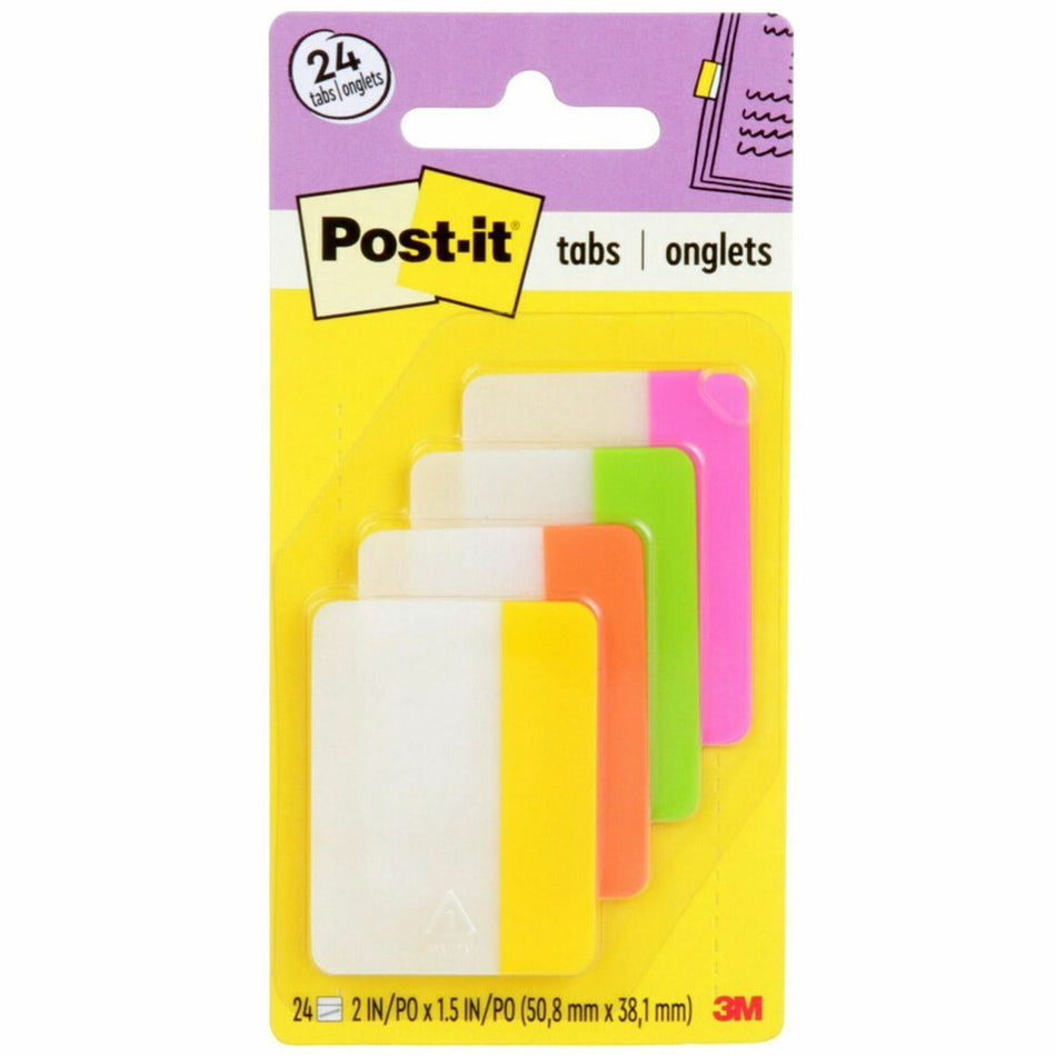 Post-it®  Dividing Tabs - Write-on Tab(s) - 1.50" Tab Height x 2" Tab Width - Yellow, Orange, Green, Pink Tab(s) - Durable, Repositionable, Wear Resistant - 24 / Pack