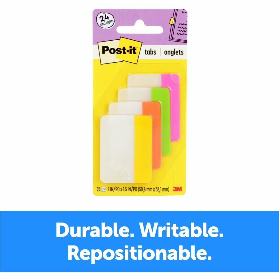 Post-it®  Dividing Tabs - Write-on Tab(s) - 1.50" Tab Height x 2" Tab Width - Yellow, Orange, Green, Pink Tab(s) - Durable, Repositionable, Wear Resistant - 24 / Pack