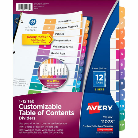 Avery® Ready Index Custom TOC Binder Dividers - 36 x Divider(s) - 1-12 - 12 Tab(s)/Set - 8.5" Divider Width x 11" Divider Length - 3 Hole Punched - White Paper Divider - Multicolor Paper Tab(s) - 3/Pack - 8 / Carton