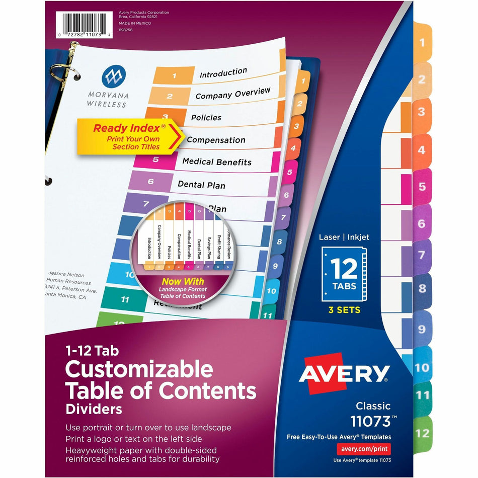 Avery® Ready Index Custom TOC Binder Dividers - 36 x Divider(s) - 1-12 - 12 Tab(s)/Set - 8.5" Divider Width x 11" Divider Length - 3 Hole Punched - White Paper Divider - Multicolor Paper Tab(s) - 3/Pack - 8 / Carton