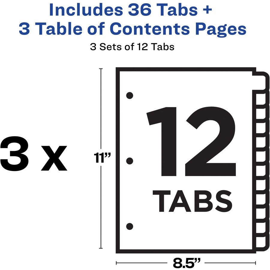 Avery® Ready Index Classic Tab Binder Dividers - 288 x Divider(s) - 288 Tab(s) - 1-12 - 12 Tab(s)/Set - 8.5" Divider Width x 11" Divider Length - 3 Hole Punched - White Paper Divider - White Paper Tab(s) - 3 Sets/Pack - 8 / Carton