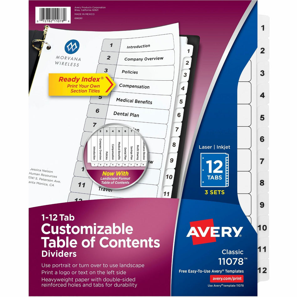 Avery® Ready Index Classic Tab Binder Dividers - 288 x Divider(s) - 288 Tab(s) - 1-12 - 12 Tab(s)/Set - 8.5" Divider Width x 11" Divider Length - 3 Hole Punched - White Paper Divider - White Paper Tab(s) - 3 Sets/Pack - 8 / Carton